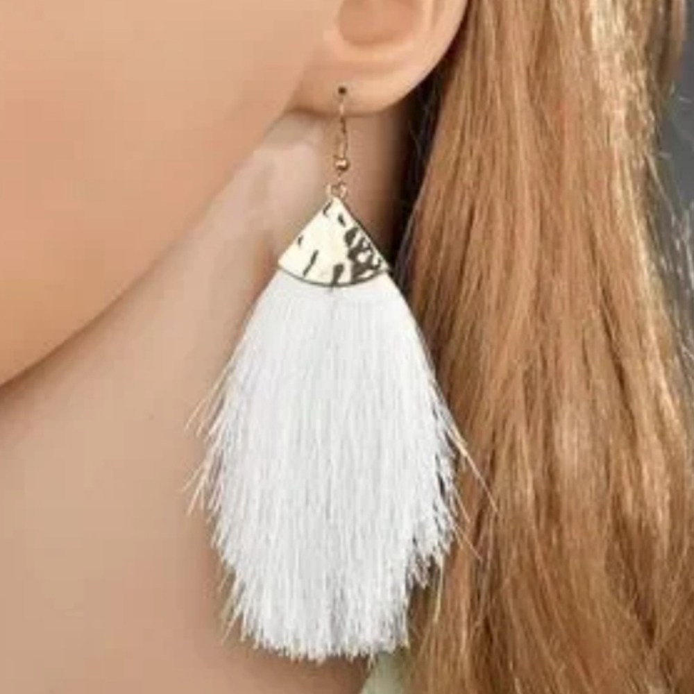 Boho Hammered White Tassel Earrings NWT